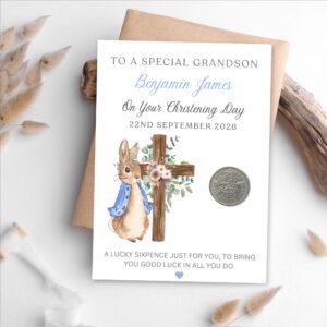 sixpence on card for grandon christening day