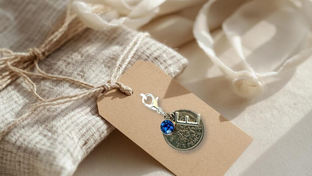 sixpence charm with blue bead and an initial