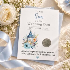 Wedding sixpence gift for son on a card.