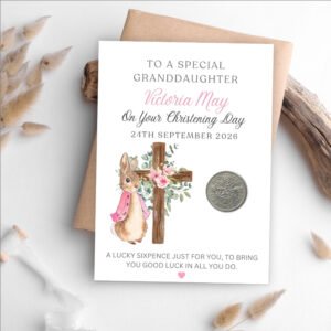 granddaughter christening sixpence on designed card