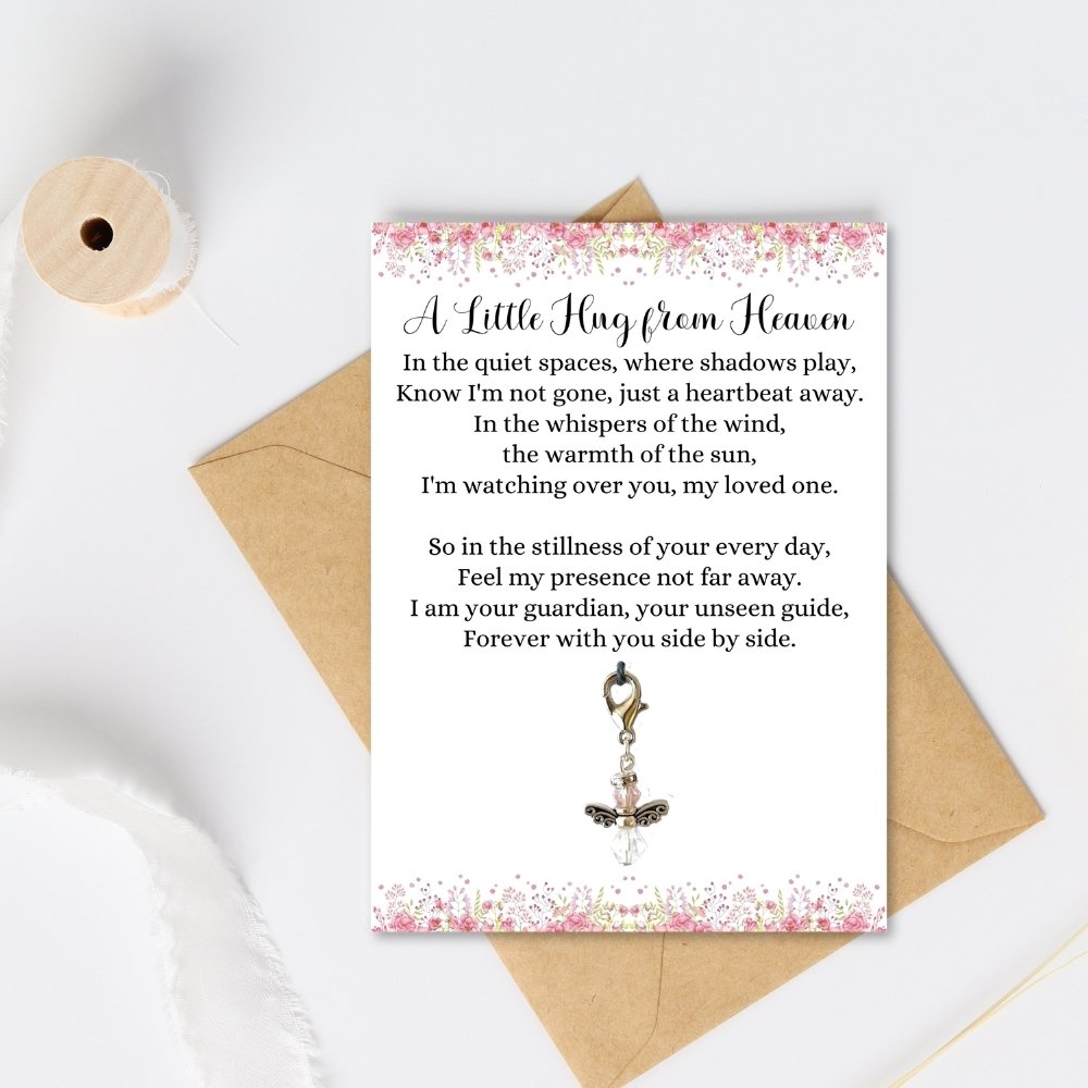 Hug from heaven poem on card featuring a angel charm
