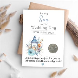 Lucky sixpence wedding gift for son on keepsake card
