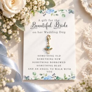 Guardian angel bridal charm on beautiful bride card.