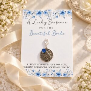 Lucky sixpence for the bride on a card.