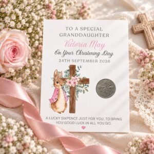 Granddaughter christening keepsake on card.