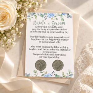 Bride and groom lucky sixpences on a card