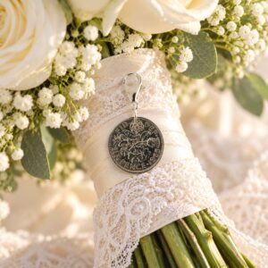 Sixpence charm pinned on a bridal bouquet